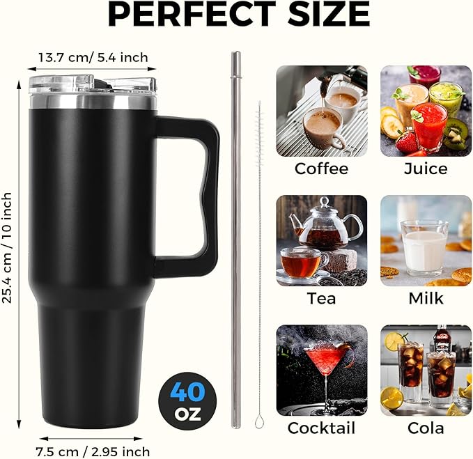 40 oz Tumbler with Handle and Straw Lid Insulated Cup Stainless Steel Water Bottle Travel Mug Gifts for Women Men Kids Trek Collection Black-1 Pc