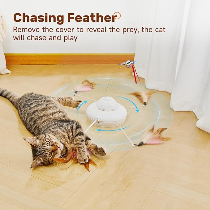 Potaroma Cat Toys Chargeable, 3in1 Hide and Seek, Automatic Interactive Toy, Fluttering Butterfly, Moving Feather, Kitten Wand Toy, Indoor Exercise Kicker 22.8 Inches Cover for All Breeds