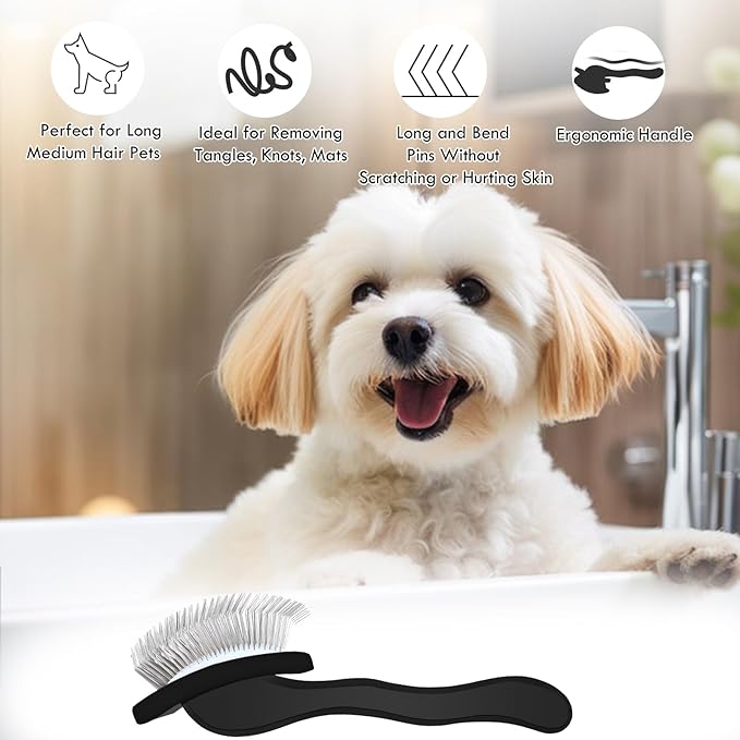 Dog Slicker Brush for Long Haired Dogs, Removes Loose Hair, Tangles and Knots, Professional Pet Grooming Kit, Ideal for Small Medium Large Dogs, Black, Free Pet Comb