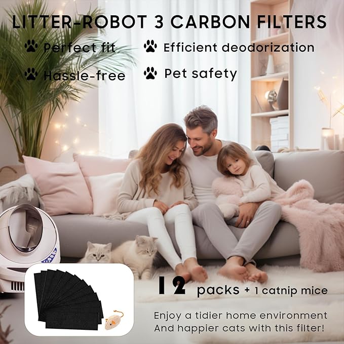 12 Pack Carbon Filters Compatible with Cat Automatic Litter Box Robot 3, Thick Replacement Filters to Absorbs Odors Controls Moisture Keeps Home Smelling Fresh
