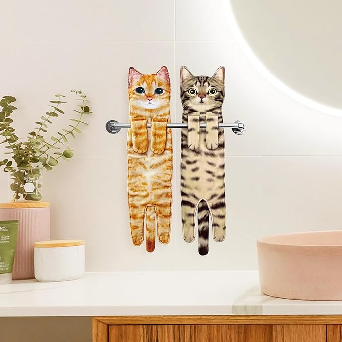 Cat Hand Towels for Kitchen Bathroom - Cute Cat Decor Gadgets - Hanging Soft Absorbent Hand Face Towel - Funny Birthday Mothers Day Housewarming Holiday Unique Gifts for Women Mom Lady Cat Lovers