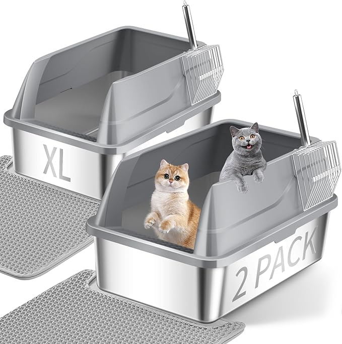 2 Pack Stainless Steel Cat Litter Box, Extra Large Steel Litter Boxes for Big Cats, XL Metal Cat Litter Box with Lid,Anti-Urine Leakage, Non-Sticky, Include Cat Mat and Litter Scoop