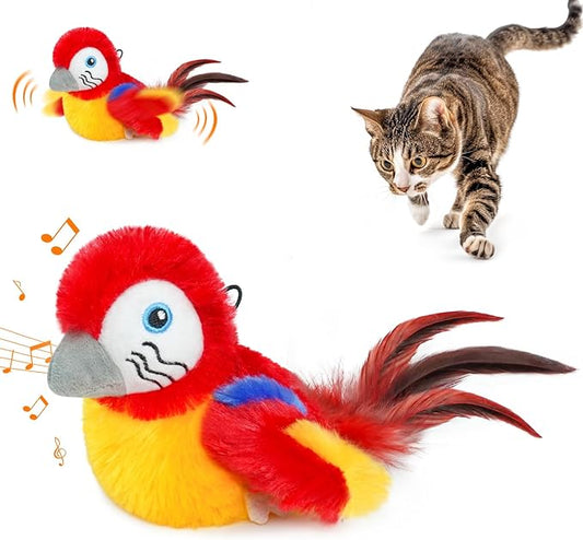 Cat Toys for Indoor Cats, Flapping Bird Cat Toy, Electric Simulated Chirping Bird Interactive Cat Toy with Flappy Wings, Rechargeable Touch Activated Cat Toys with Catnip and Feather - Red