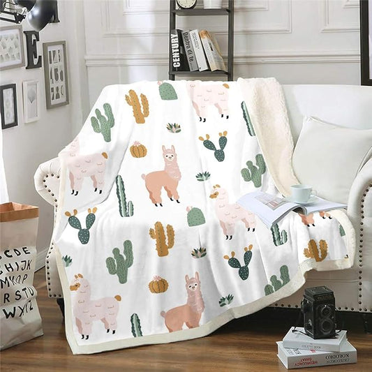 Llama Alpaca Sherpa Blanket Cactus Plush Blanket Cute Llama Fleece Throw Blanket for Sofa Couch Bed Boho Succulent Microfiber Fuzzy Blanket 3D Animal Theme Room Decor Baby 30x40 Inch