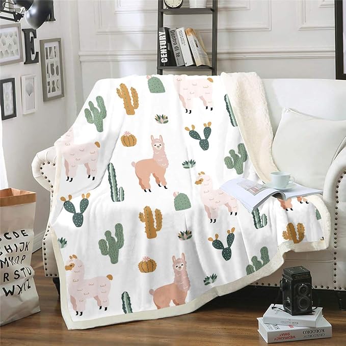 Llama Alpaca Sherpa Blanket Cactus Plush Blanket Cute Llama Fleece Throw Blanket for Sofa Couch Bed Boho Succulent Microfiber Fuzzy Blanket 3D Animal Theme Room Decor Throw 50x60 Inch