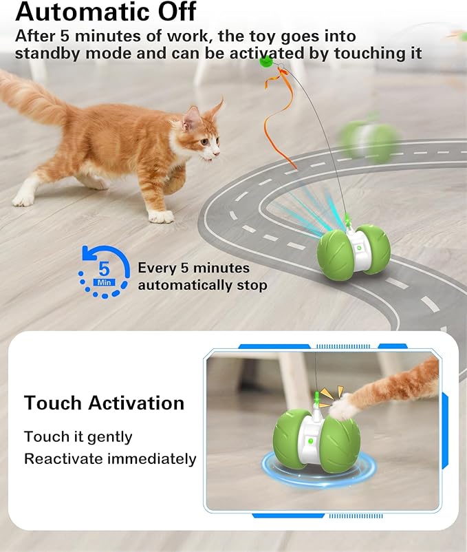 Interactive Cat Toys for Indoor Cats, Motion Activated Cat Toys, Automatic Cat Toy with Extra Long Feather Wand, Cat Mouse Toys, USB Rechargeable (Green)