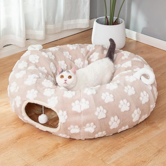 LUCKITTY Cat Tunnel Bed for Indoor Cats - Round Cat Tunnel Bed Donut Small Dog Bed Calming Pet Beds, Cute Modern Beds with Jacquard Shaggy Plush & Anti Slip Bottom, Khaki