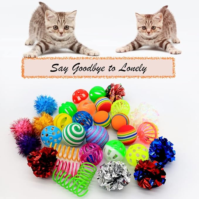 LASOCUHOO Cat Toys, Kitten Cat Ball Toys Assortments, Including Rainbow Ball, Crinkle Ball, Sparkle Ball, Bell Balls, Sisal Ball for All Cats 30 Packs