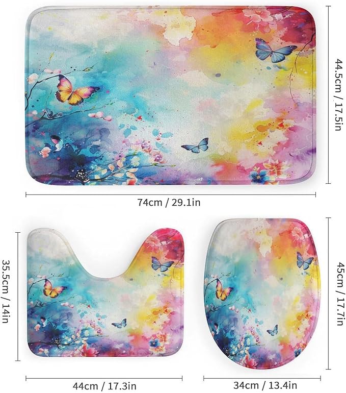 Brebasf Abstract Colorful Wildlife Butterfly Shower Curtain Set Bathroom Set Decorative Vintage Rustic Ink Tie Dye Florals Butterfly 4 Piece Shower Curtain, Toilet Cover, U-Mat, Floor Mat
