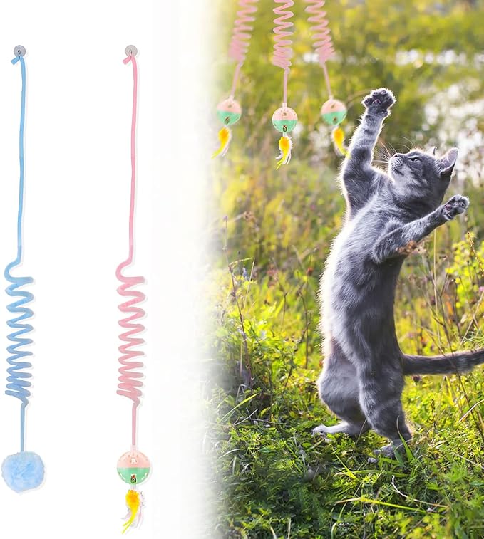 WishLotus Interactive Cat Toys, 2 Pack Soft Plush Cat Toys for Indoor Cats Self-Hanging Door Cat Plush Toys with Bells Long Tail Elastic Indoor Cat Toys for Cat Chase Play and Kill Time (Pink+Blue)