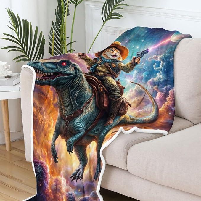 Cute Cat Dinosaur Blanket, Farmhouse Cool Cat Riding Dino in Blue Galaxy Space Rainbow Fleece Throw, Cozy Flannel Warm Soft Lightweight Fuzzy Blankets for Boys Girls Teens Women for Bed Sofa Couch