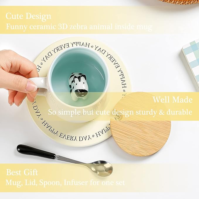 BigNoseDeer Zebra Mug Cute Mugs with 3D Zebra Inside Ceramic Coffee Mug Tea Cup with Spoon and Lid Cool Stuff Birthday Mother's Day Cute Gifts for Women Kids 12oz（Zebra）