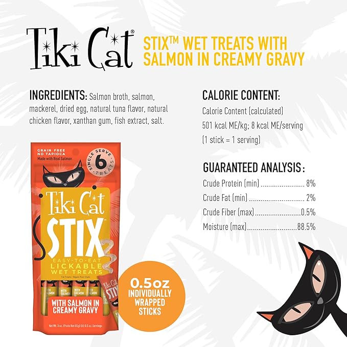 Tiki Cat Stix Mousse Treats, Single Serve Indulgent Lickable Treat or Dry Food Topper, with Salmon in Creamy Gravy, 3 oz. Pouch (Pack of 6)