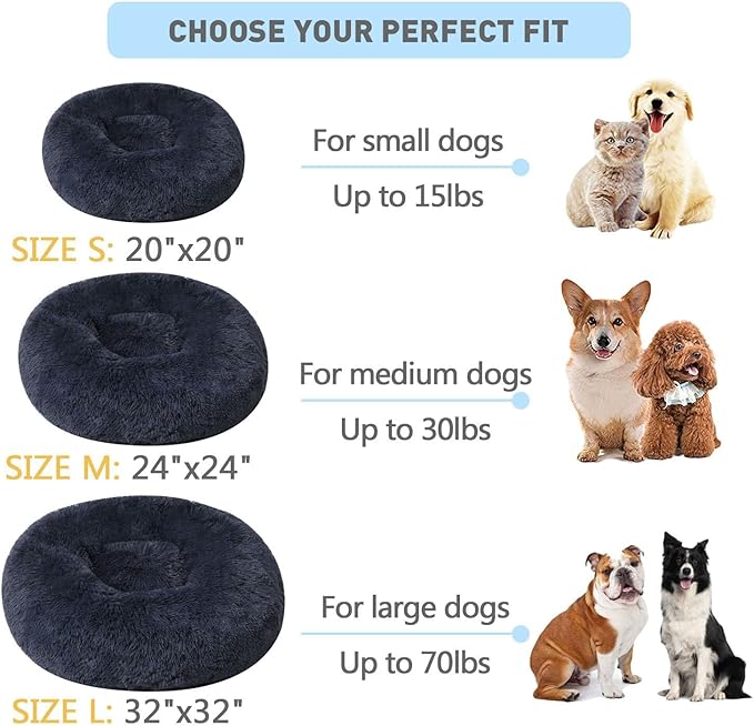BinetGo Dog Bed Calming Cat and Dog Beds, 20 inches Navy Cat Bed, Black/Pink/Beige Puppy Bed,Original Calming Donut Cat and Dog Bed in Shag Fur– Machine Washable, Anti Slip Waterproof Bottom