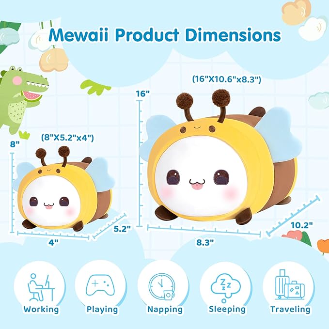 Cute Cat Bee Plush Pillow, Kawaii Plushies Cat Honeybee Stuffed Toy, Kitten Plushies with Honeybee Outfit Costume, Soft Squishy Birthday Gifts for Kids & Girls (16 Inch)