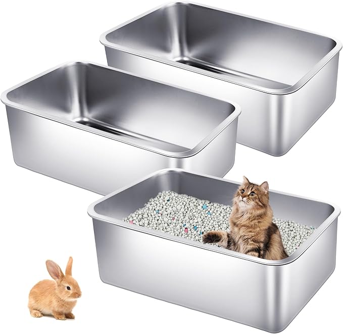 3 Pack Stainless Steel Cat Litter Boxes 23.6"L x 15.7"W x 7.9"H Extra Large Metal Litter Boxes with High Sides Sturdy Aluminum Litter Pans for Pets No Smell, Non Stick, Easy to Clean (XXL)