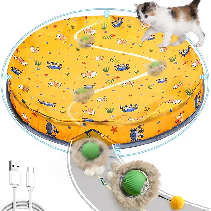 Interactive Cat Toy Ball,Self Rolling Cat Ball in Pouch Fixed with Wire Rim,Rechargable Automatic Motion Activated Moving Toy with 3 Working Modes,Hide and Seek Mouse Catching Game,28 Inch