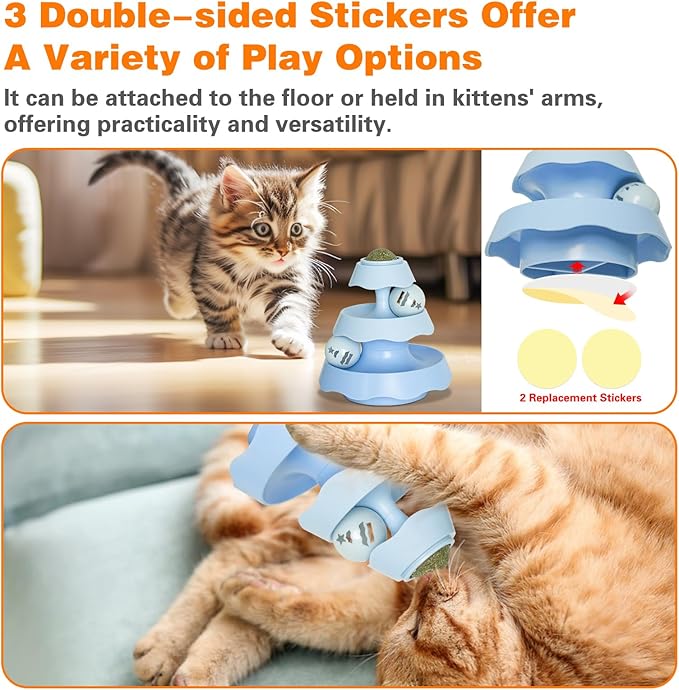 Interactive Cat Toys for Indoor Cats, Teeth Cleaning Dental Chew Catnip Toys, 3 Level Turntable with 3 Track Balls Chase Cat Toy for Kittens - Blue