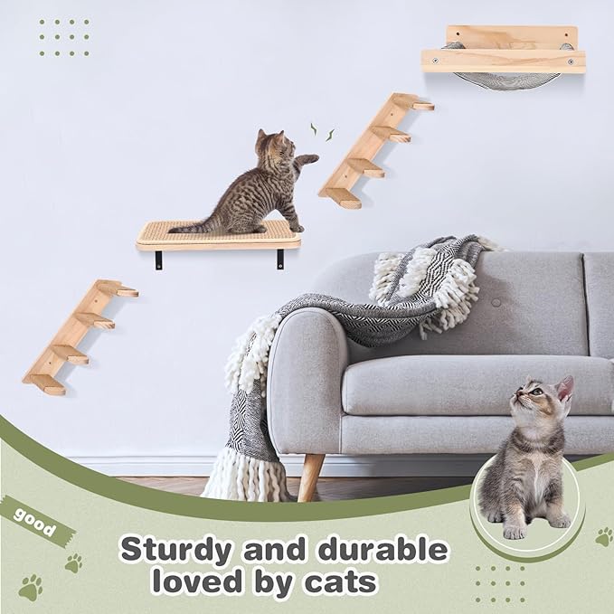 Kisston 4 Pcs Cat Wall Shelves Stairs Hammock Set Wooden Cat Wall Furniture Cat Climbing Shelves with 4 Steps Cat Stairway with Sisal Rope Scratching Hammock Mounted Cat Bed for Sleeping, Playing
