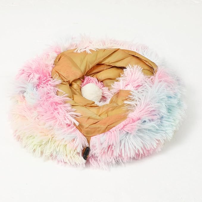 LUCKITTY Fluffy Plush Cat Tunnel Toy Collapsible, for Indoor Cat Kitty Kitten Puppy Rabbit Ferret Rainbow Color 3 Way