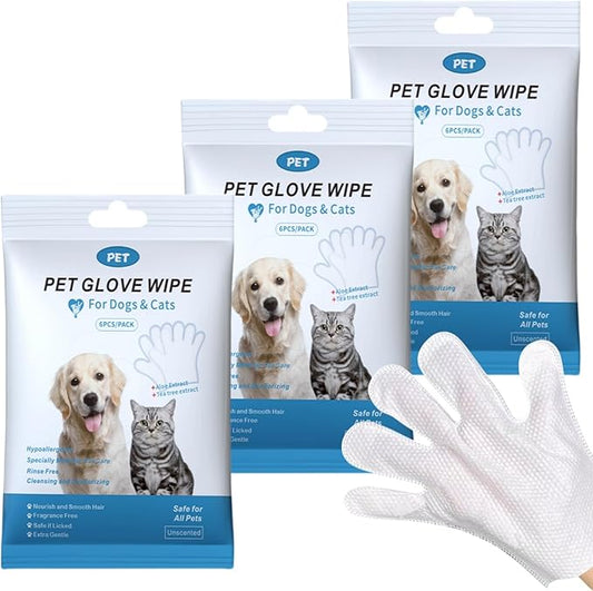 Extra Thick Pet Bathing Wipes for Dogs & Cats,Cleaning & Deodorizing Grooming Gloves,Nourish Fur Glove Wipes for Daily Care and Traveling,Rinse Free,Unscented,3 Pack,18 PCS