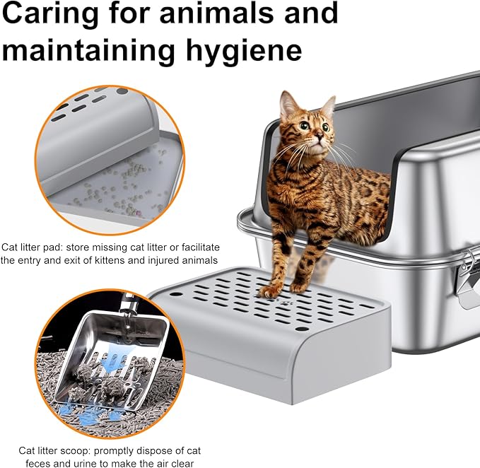 12" Deep Stainless Steel Cat Litter Box with Lid,XL Enclosed Cat Litter Box,Metal Litter Box Easy to Clean,Non-Stick Kitty Litter Box,Non-Stick Bottom & Includes Litter Mat & Metal Scoop