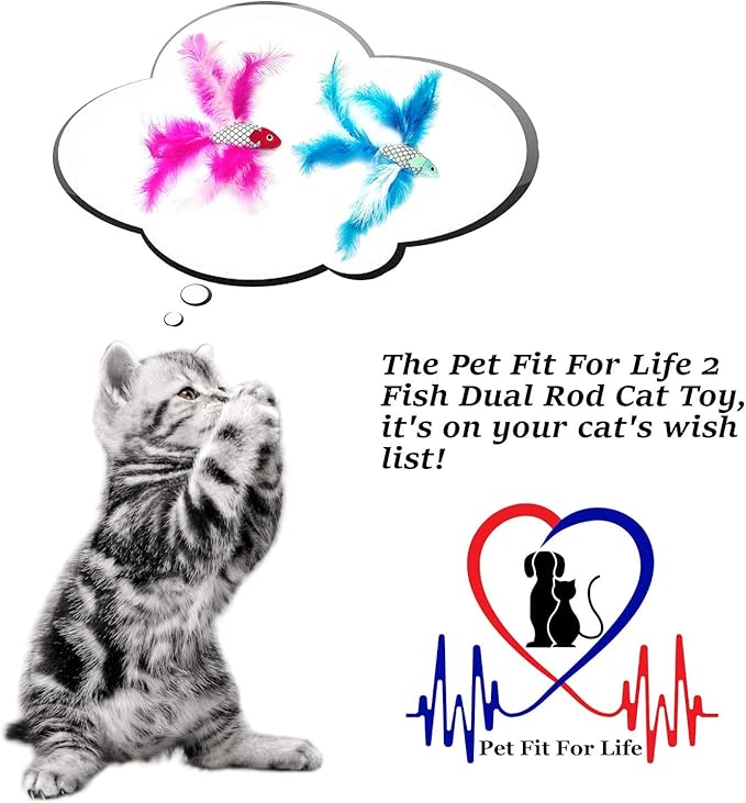 Pet Fit For Life 2 Fish and Feather Teaser and Exerciser for Cat and Kitten - Cat Toy Interactive Cat Wand with 2 Feathery Fish