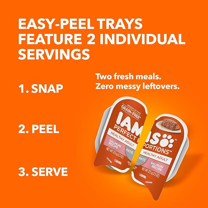 IAMS Perfect Portions Healthy Adult Grain Free Wet Cat Food Paté, Salmon Recipe, 2.6 oz. Easy Peel Twin-Pack Trays (24 Count, 48 Servings)