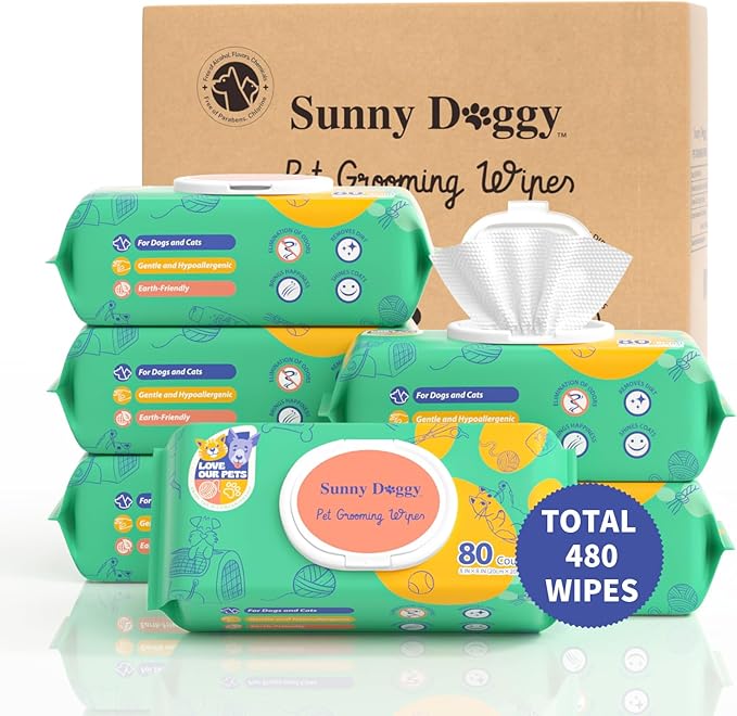 Pet Wipes 480 Count, Dog Wipes Cleaning Deodorizing Cat Wipes, 8 x 8 Inch Dog Grooming Wipes for Butt Paws Ear Eyes and Body, Pack of 6