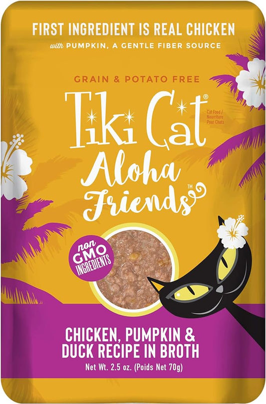 Tiki Cat Aloha Friends, Chicken, Pumpkin & Duck, Grain-Free & High Moisture, Wet Cat Food for All Life Stages 2.5 oz. Pouch (Pack of 12)