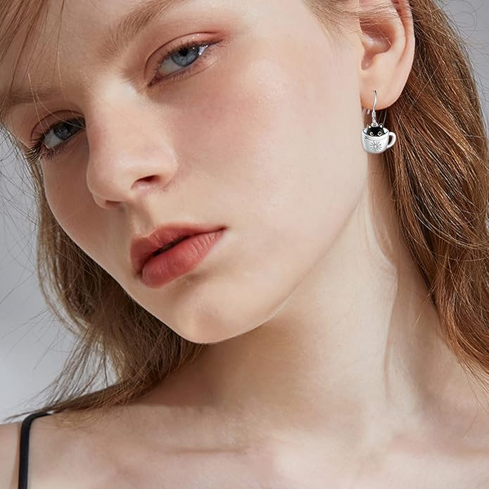 Black Cat Earrings 925 Sterling Silver Mushroom Cat/Black Cat/Panda/Sloth/Capybara/Boston Terrier/Shih Tzu Dangle Earrings Cute Animal Drop Earrings Jewelry Gifts for Women