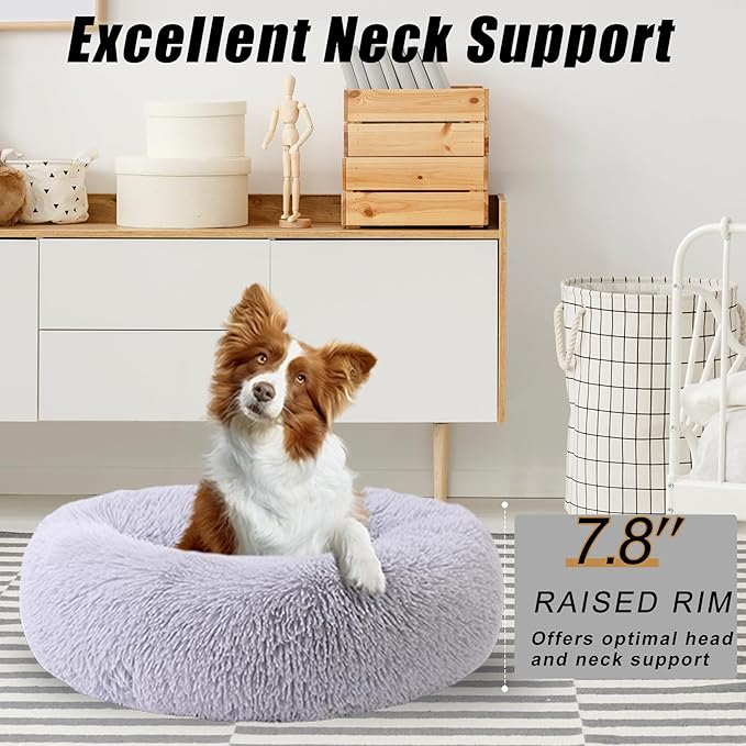 Calming Dog Bed, Dog Beds Fits up to 45 lbs Pets, Fluffy Donut Dog & Cat Bed Washable, Round Anti Anxiety Dog Bed, Small Dog Bed with Non-Slip Bottom (Light Grey, 31" x 31")