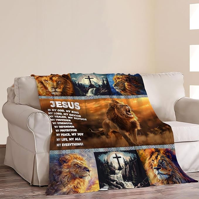 Jesus Lion Blanket Christian Decor Throw Blanket Super Warm Soft Plush Lightweight Fleece Flannel Winter Cross Animal Blanket Gifts for Prayer Girls Women Adults Boys Baby Kids Couch Bedding 60"X80"