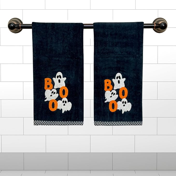 Halloween Bathroom Hand Towels, Embroidered Ghosts, Boo Design, Set of 2, Black 16 x 25 inches