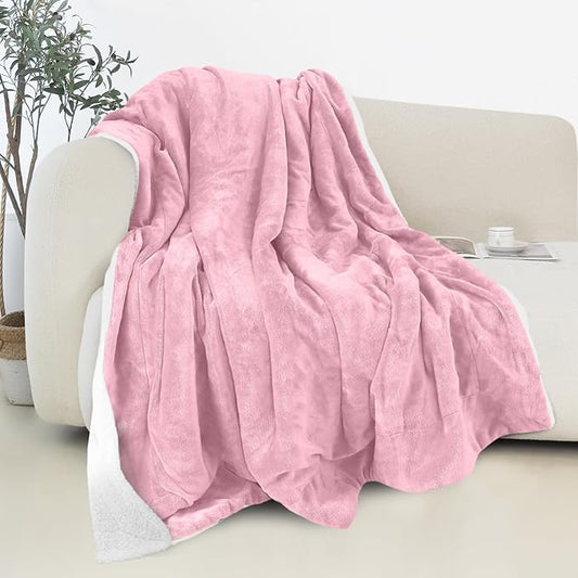 Elegant Comfort Reversible and Ultra-Plush Flannel Fleece Sherpa Throw- Lightweight Soft and Cozy- All Season Decorative Throw, Perfect for Lounging, 50 x 60 inches, Light Pink