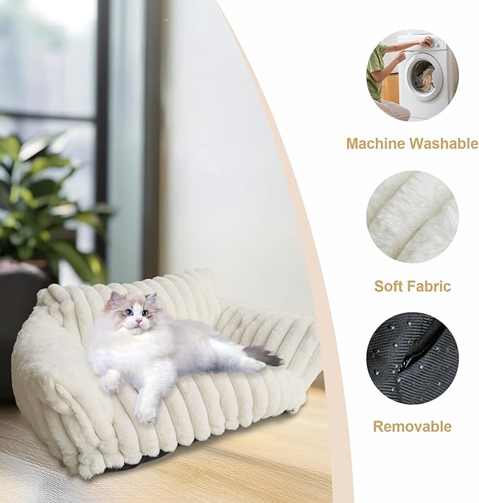 Cat Couch Bed for Pets, 24IN Cat Beds with Premium Soft Corduroy Fleece, Cute Waterproof Cat Sofa with Cotton for Small Medium Dogs & Kittens with Removable Washable Cover (Cream White)