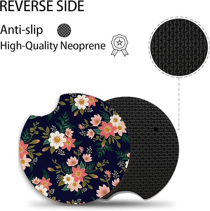2pcs Flowers Pattern Car Cup Holder Coasters - Hippie Car Accessories, Universal Auto Anti Slip, Rubber Coasters with A Finger Groove