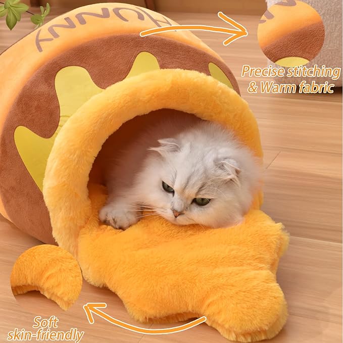 Honey Pot Cat Cave Bed, Soft and Thick Rebound Sponge Pet Nest with Removable & Washable Cushion, Cute Cartoon Design for Small Cats and Breeds