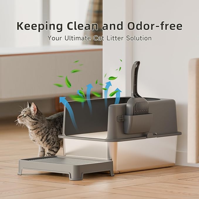High-Sided Stainless Steel Cat Litter Box,Stainless Steel Litter Box with Lid,Extra Large Litter Box,Easy-to-Clean Metal Litter Pan for Cats (20''L X 14''W X 12''H with Scoop&mat)