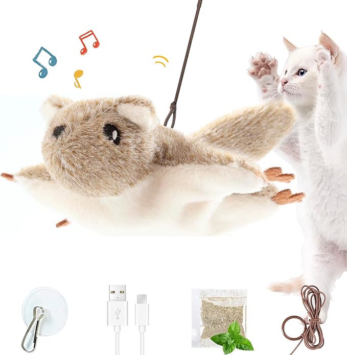 Suhaco USB Rechargeable Cat Toys Flapping & Chirping Mouse Kitty Toys with Catnip, Door Hanging Interactive Squeaky Flying Squirrel Cat Toys Touch Activated Beating Wings Kitty Kicker Toys for Cats