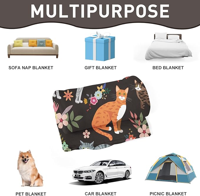 Cats Blanket Cat Present Soft Flannel Lightweight Cats and Flowers Throw Blanket for Kids Girls Boys All Season Cartoon Animals Blankets for Sofa Couch Bed Decorative Cat Blue Blanket 50x60inch