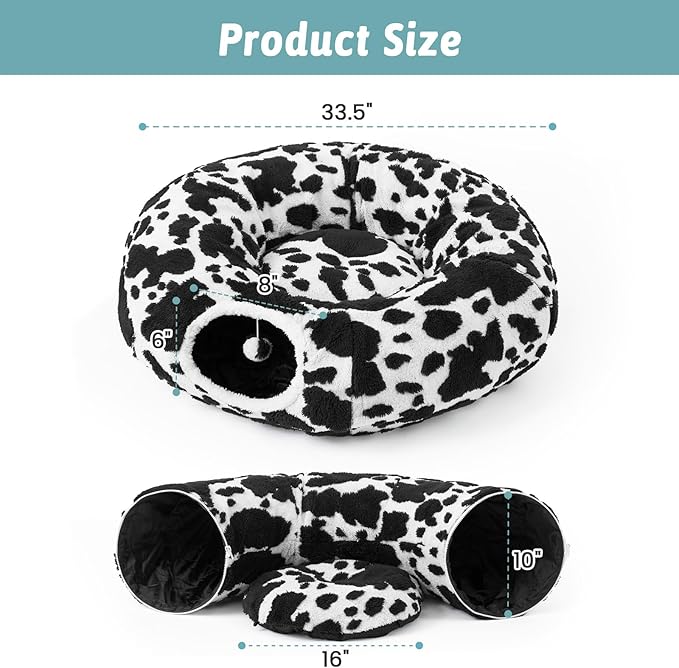 Cat Tunnel Bed for Indoor Cats - Cute Cat Donut Tunnel with Washable Circle Cushion, Round Pet Play Tunnel Toy for Kitten/Puppy/Rabbit,Black&White