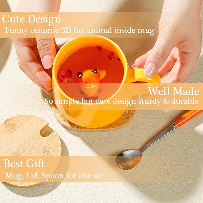 BigNoseDeer Kawaii Fox Mug Cute Mugs with 3D Fox Inside Ceramic Coffee Mug with Lid and Spoon Cute Stuff Birthday Gifts Cute Gifts For Women 13.5oz