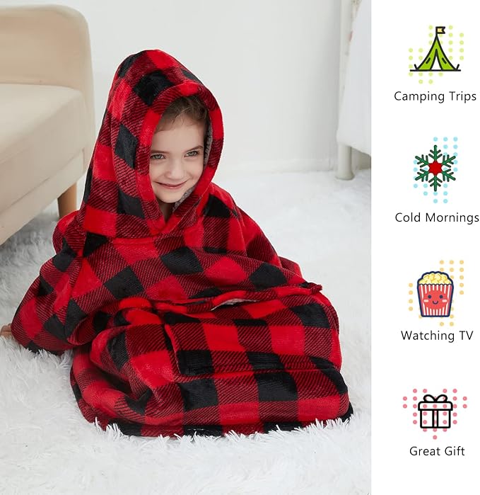 KFUBUO Wearable Blanket Hoodie for Kids Toddlers Sherpa Blanket Sweatshirt With Pocket Cute Hoodies 2-6 Year Old Girl Boy Christmas Gifts Red Plaid