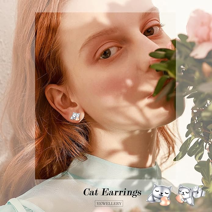 925 Sterling Silver Cat Earrings Cute Animal Kitten Stud Earrings cat Jewelry Gifts for Women Girls Hypoallergenic Earrings for Sensitive Ears