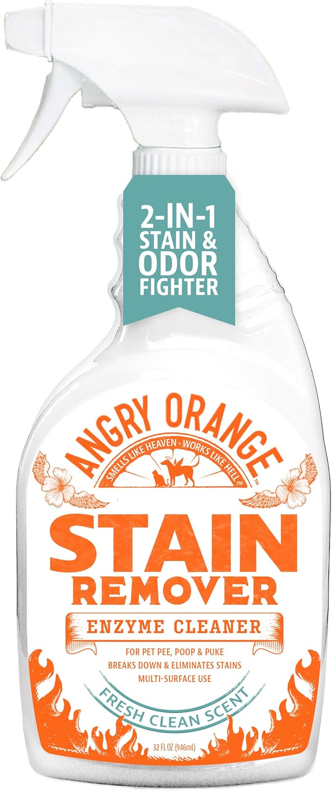 ANGRY ORANGE Stain & Odor Remover - 32oz Enzyme Pet Cleaner - Dog & Cat Urine Destroyer and Stain Remover - Fresh Scented Cleaning Solution - Puppy Supplies