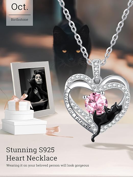 Birthstone Cat Necklaces,925 Sterling Silver Cat Necklace Heart Pendant for Women,Dainty Animal Jewelry for Her,Wedding Anniversary Birthday Gifts for Women Mom Grandma