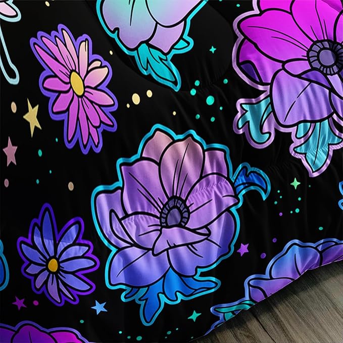 Axolotl Neon Floral Bedding Set Queen,Gradient Floral Comforter Set for Girls,Colorful Flower Bedding Set Stars,Galaxy Series Comforter for Kids Boys Girls Teens Adults,1 Quilt 2 Pillowcases,Black