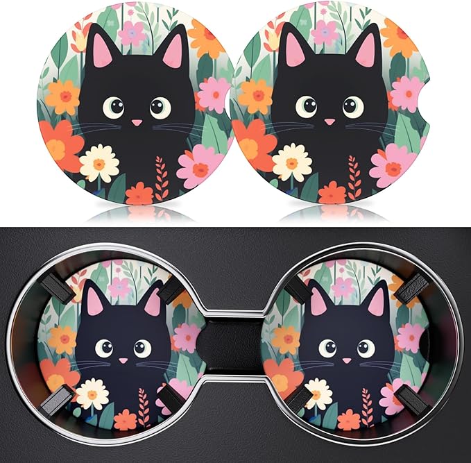 2 Pack Car Cup Holder Coaster, 2.63 inch Anti Slip Insert Absorbent Ceramic Car Coaster with Cork Base and Finger Notch, Cute Car Accessories Interior for Women, Cute Car Coasters., CH0025
