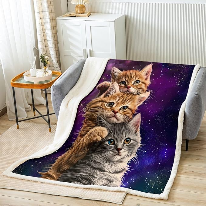 Erosebridal Kawaii Cat Fuzzy Blanket for Kids, Girls & Boys - Cute Orange & Grey Cat Print, Sparkle Galaxy Design, Psychedelic Universe Stars Home Decor Fleece Throw - 50"x60"